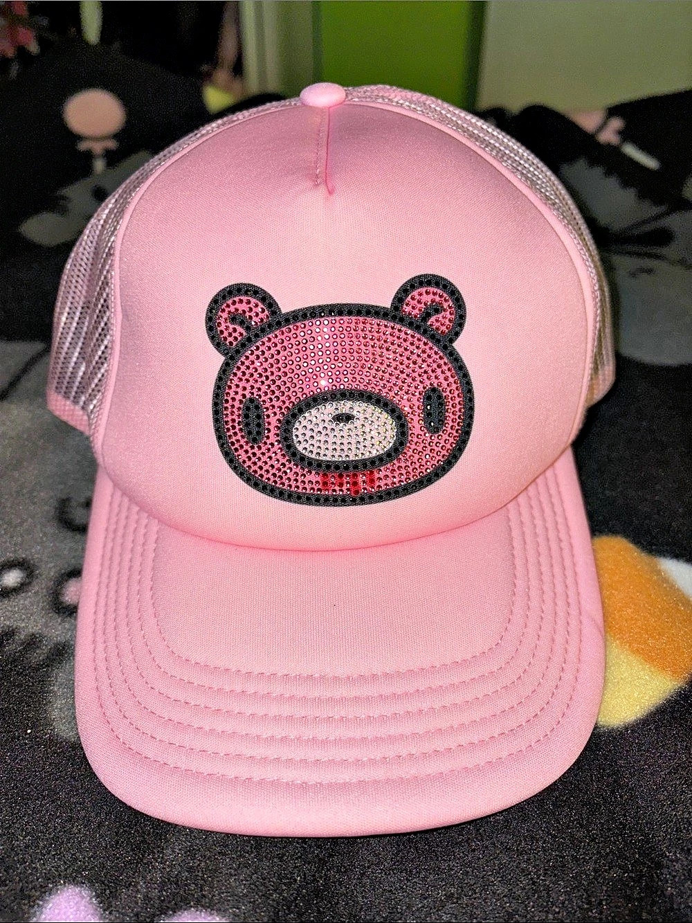 GLOOMY Bear Trucker Hat Cap Pink Rhinestone Like New